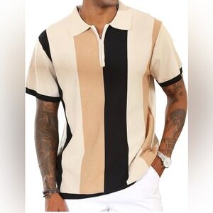 NWT Men's Retro Vintage Inspired Vertical Striped Quarter-Zip Knit Polo
